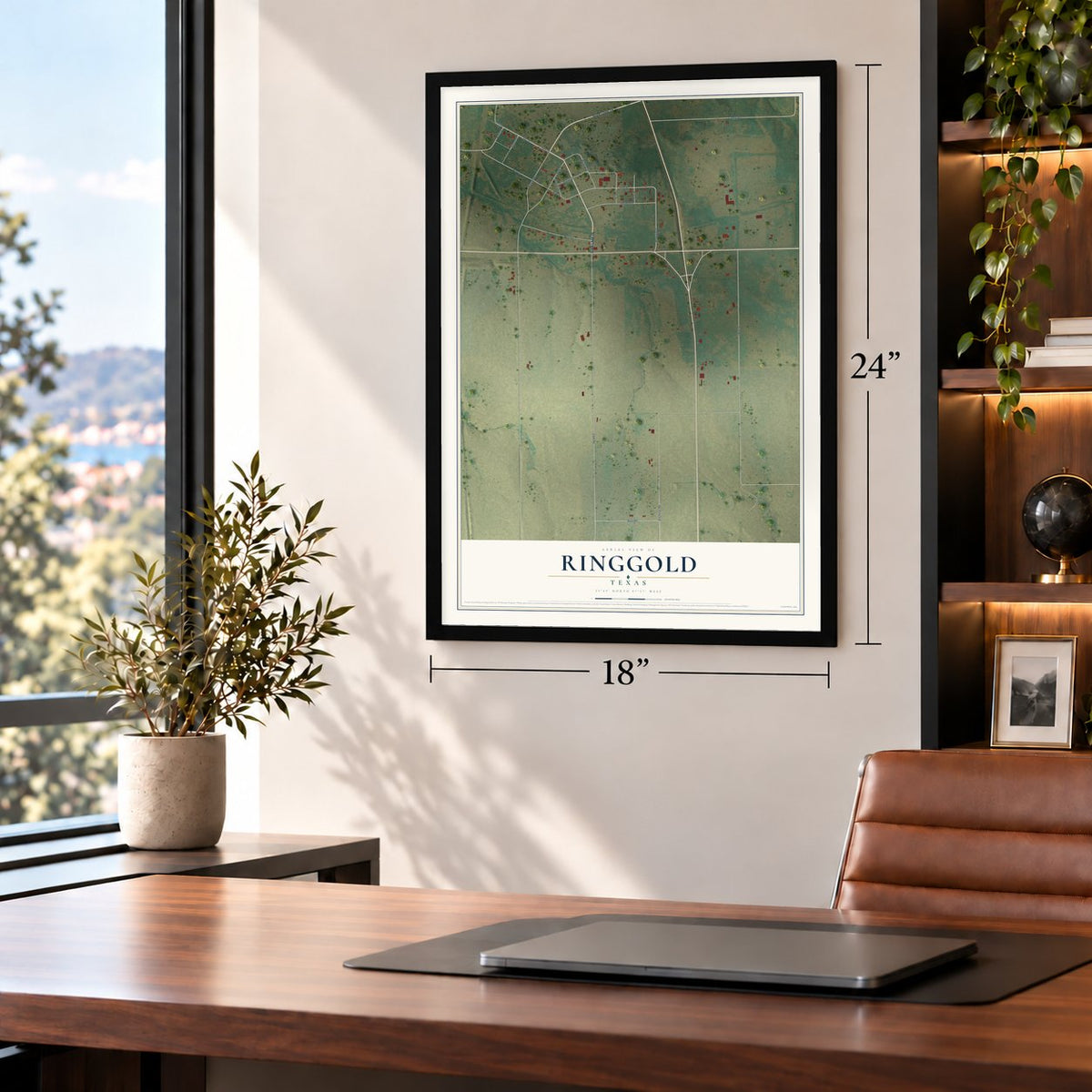 Ringgold, Texas map, 18 x 24 inch print in a black frame in a home office
