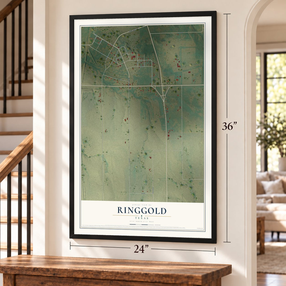 Ringgold, Texas map, 24 x 36 inch print in a black frame by a staircase