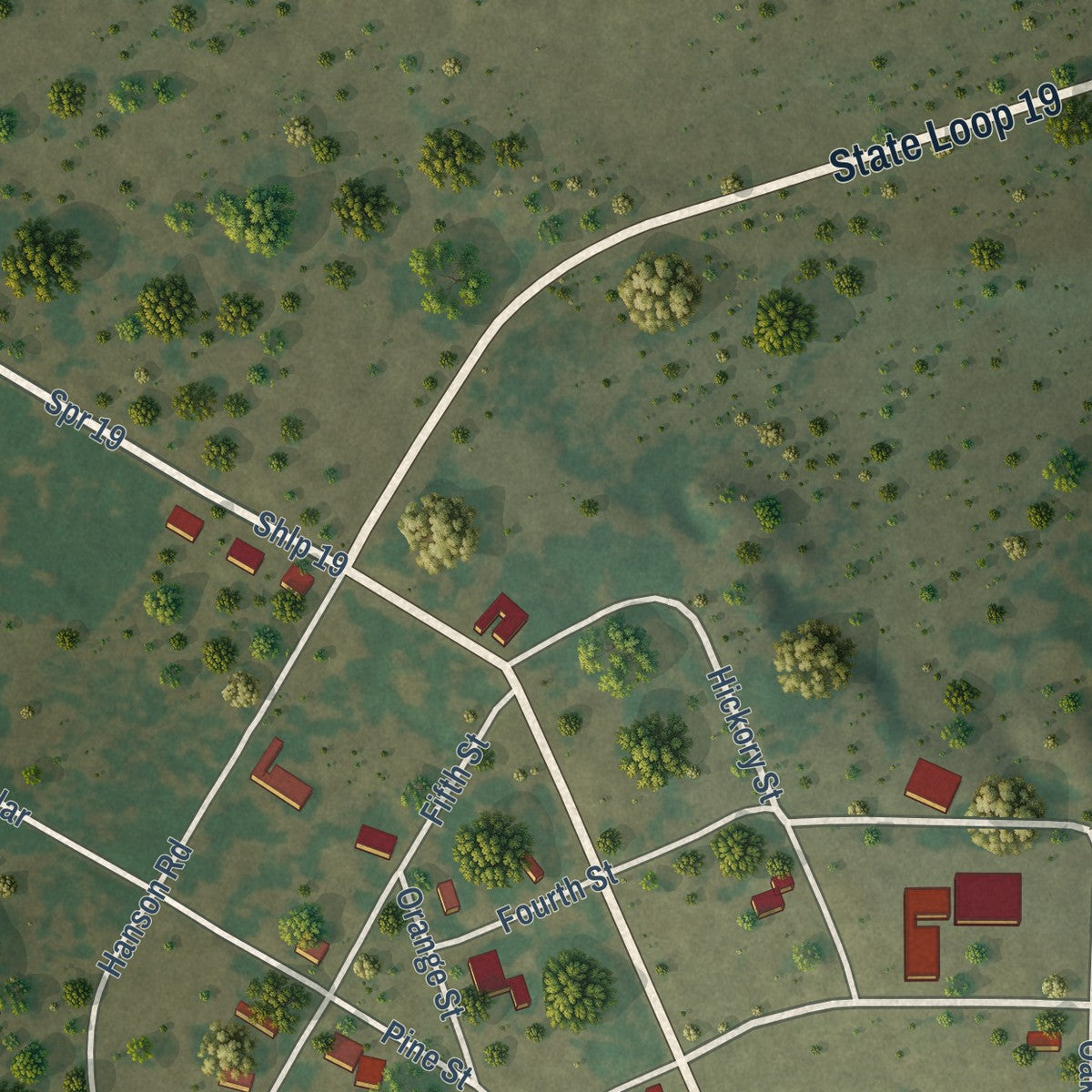 Close-up of the map of Ringgold, Texas print showing street and building detail