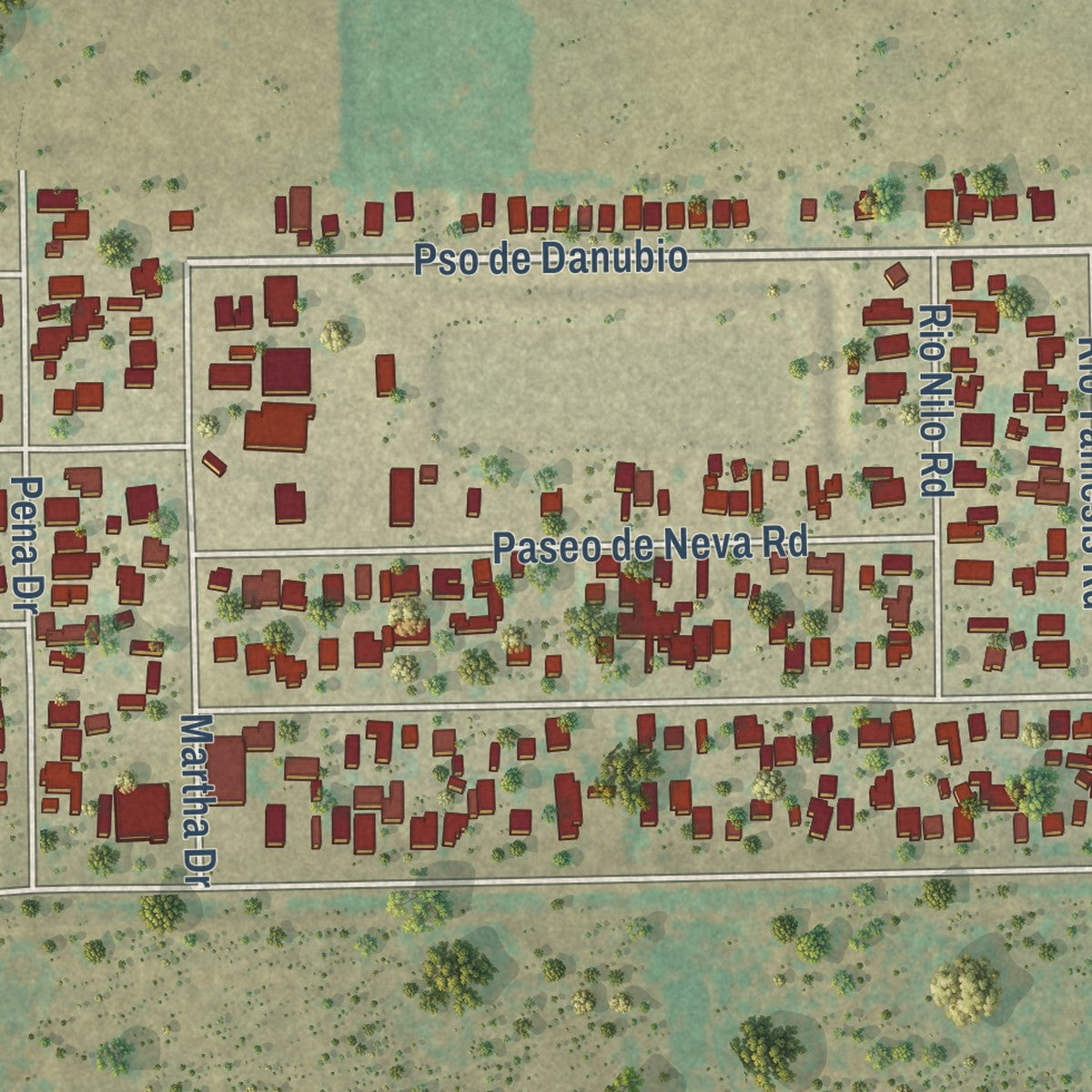 Close-up of the map of Rio Bravo, Texas print showing street and building detail