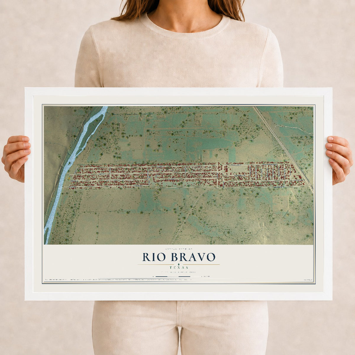 Map of Rio Bravo, Texas, 12 x 18 inch print in a white wood frame