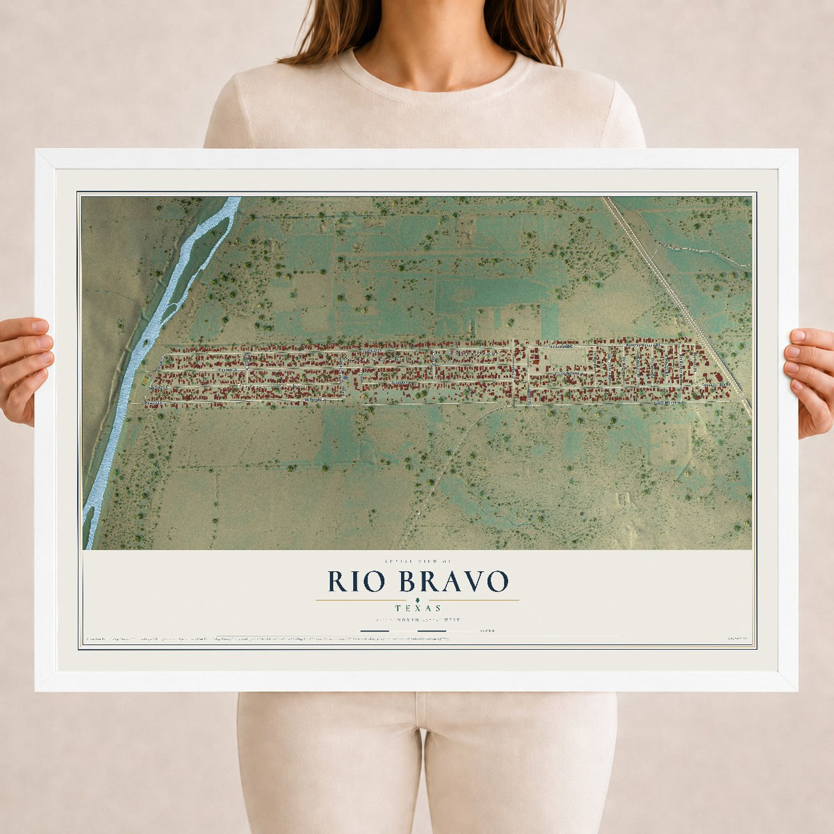 Map of Rio Bravo, Texas, 18 x 24 inch print in a white wood frame