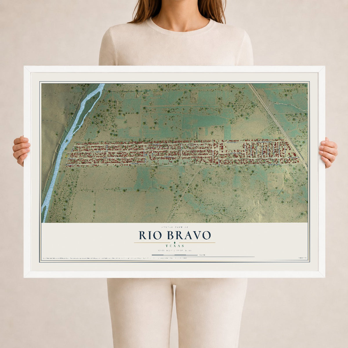 Map of Rio Bravo, Texas, 24 x 36 inch print in a white wood frame