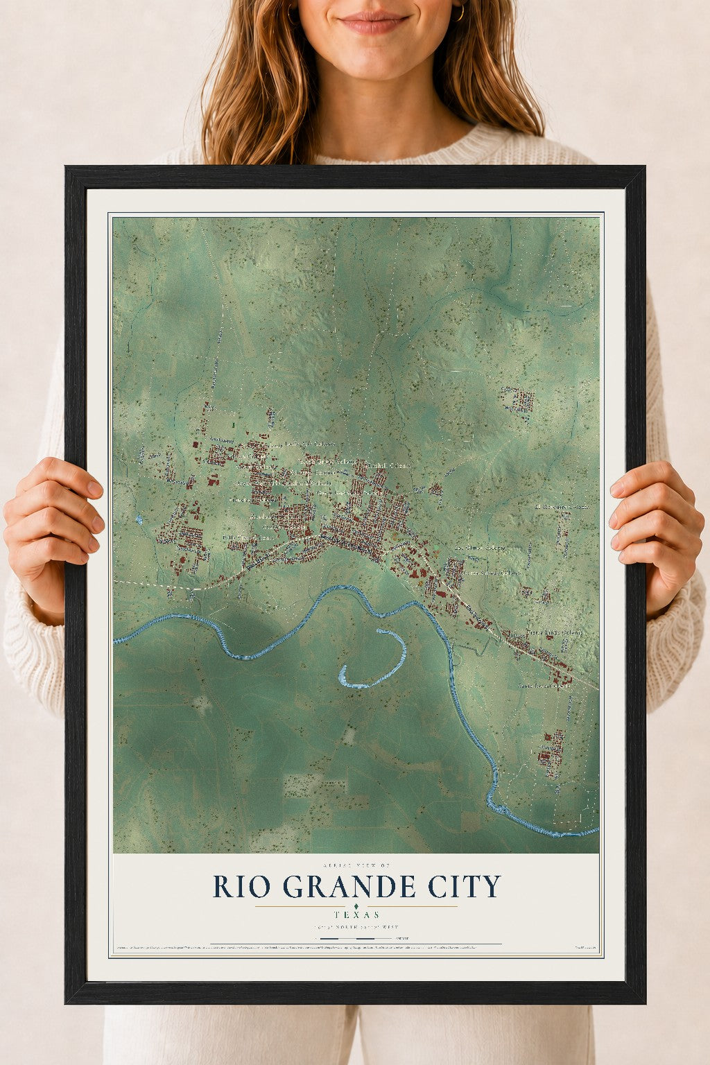Map of Rio Grande City, Texas, 18 x 24 inch print in a black wood frame