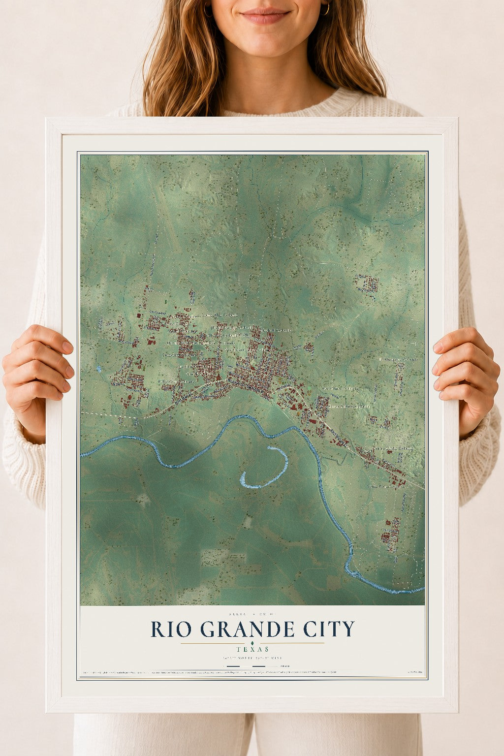 Map of Rio Grande City, Texas, 18 x 24 inch print in a white wood frame