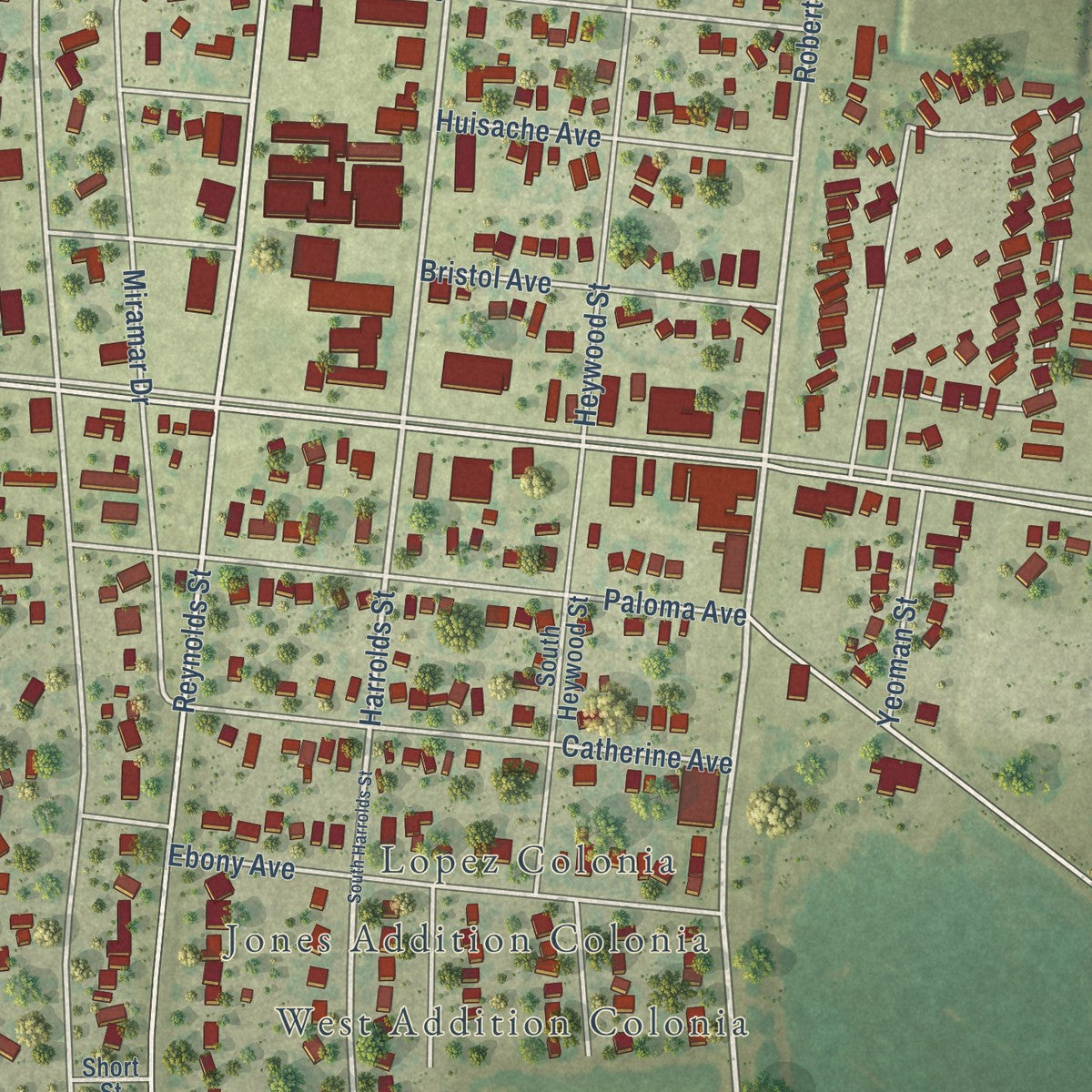 Close-up of the map of Rio Hondo, Texas print showing street and building detail