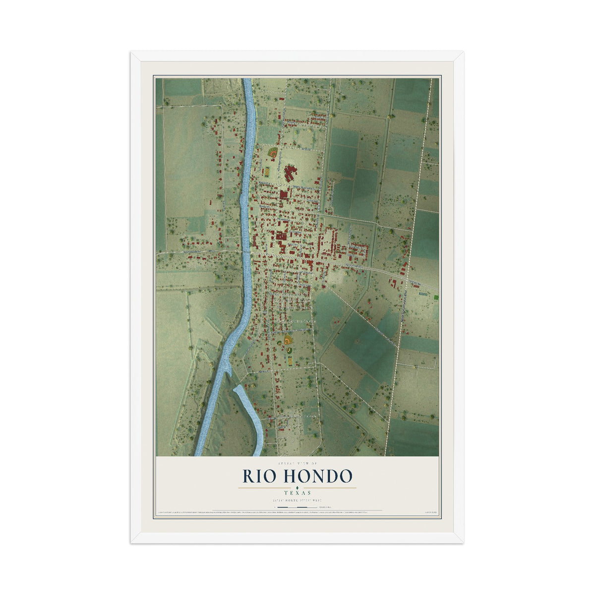 Map of Rio Hondo, Texas, 12 x 18 inch print in a white wood frame