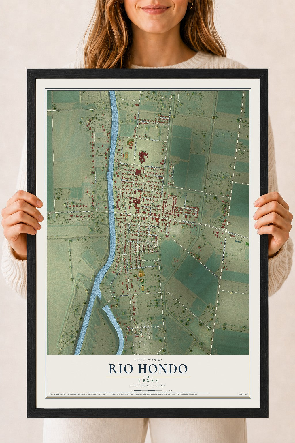 Map of Rio Hondo, Texas, 18 x 24 inch print in a black wood frame