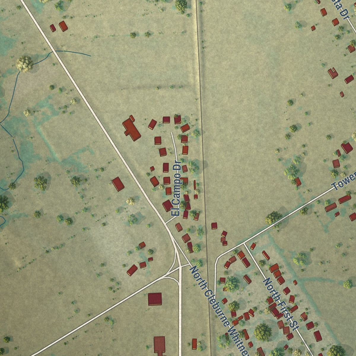 Second close-up of the map of Rio Vista, Texas print showing more streets and buildings