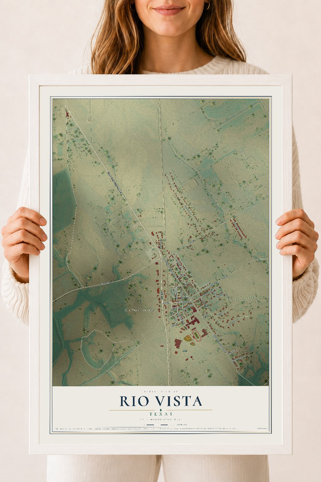 Map of Rio Vista, Texas, 18 x 24 inch print in a white wood frame