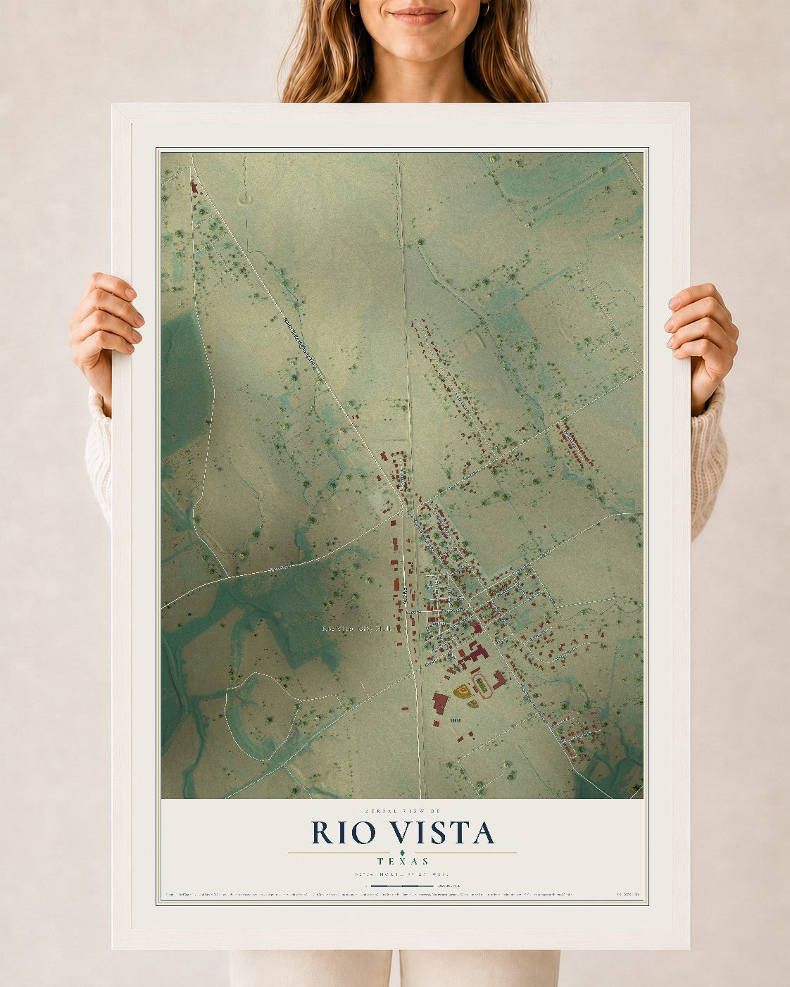 Map of Rio Vista, Texas, 24 x 36 inch print in a white wood frame