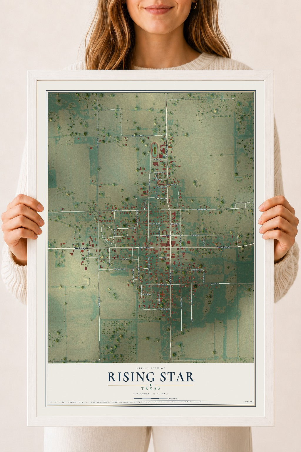 Map of Rising Star, Texas, 18 x 24 inch print in a white wood frame
