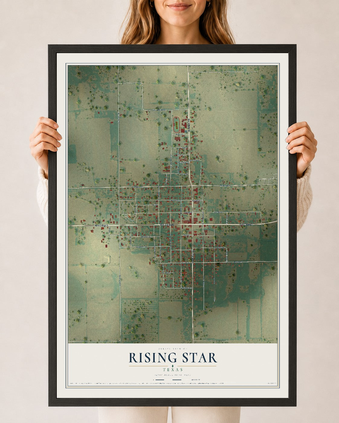 Map of Rising Star, Texas, 24 x 36 inch print in a black wood frame
