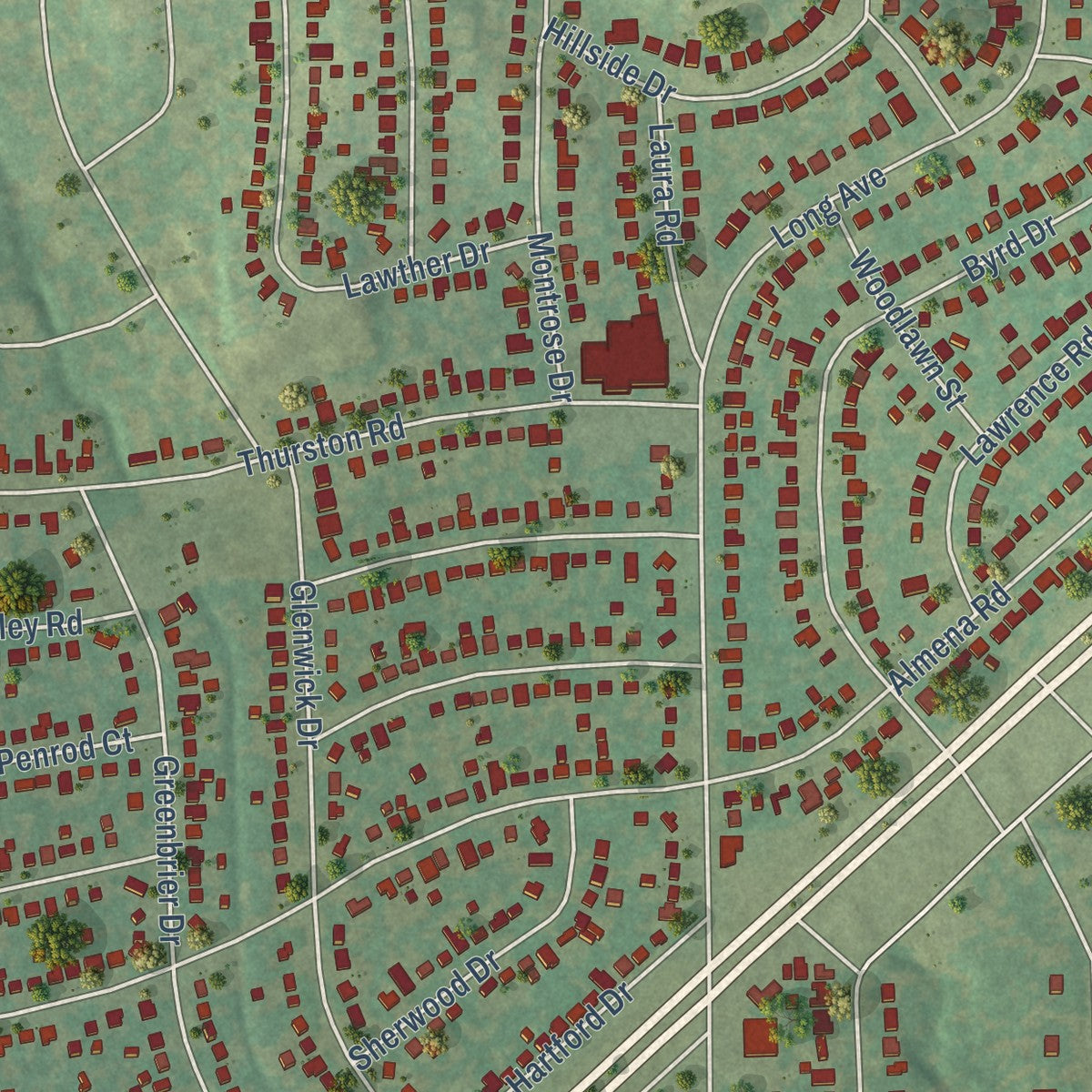 Close-up of the map of River Oaks, Texas print showing street and building detail
