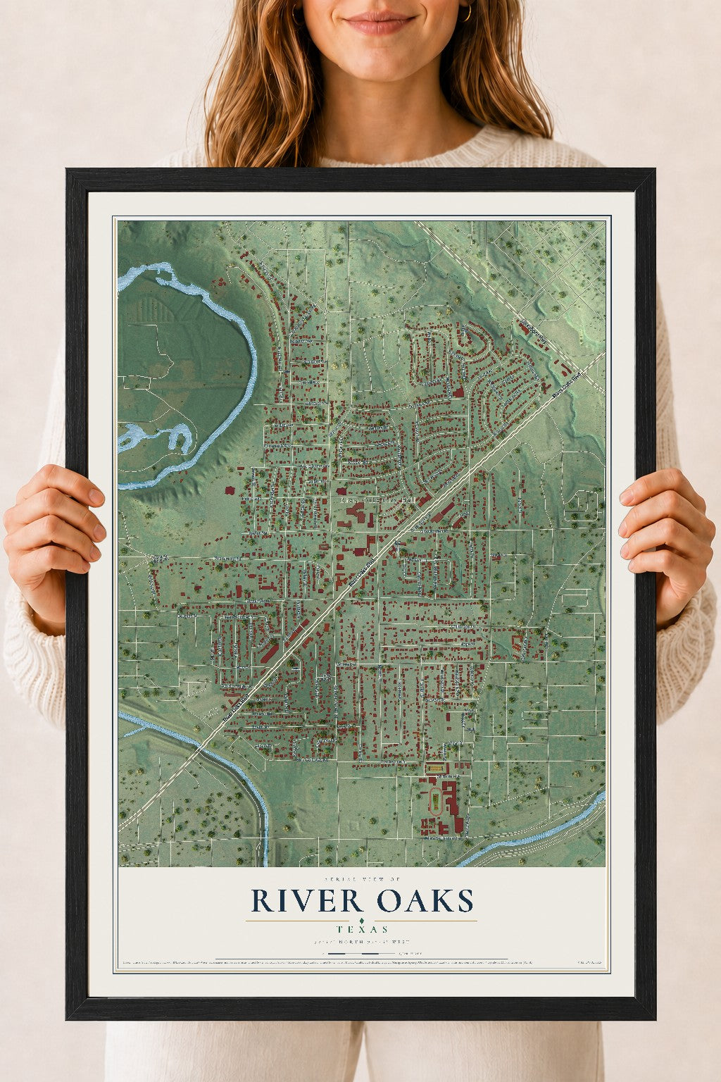 Map of River Oaks, Texas, 18 x 24 inch print in a black wood frame