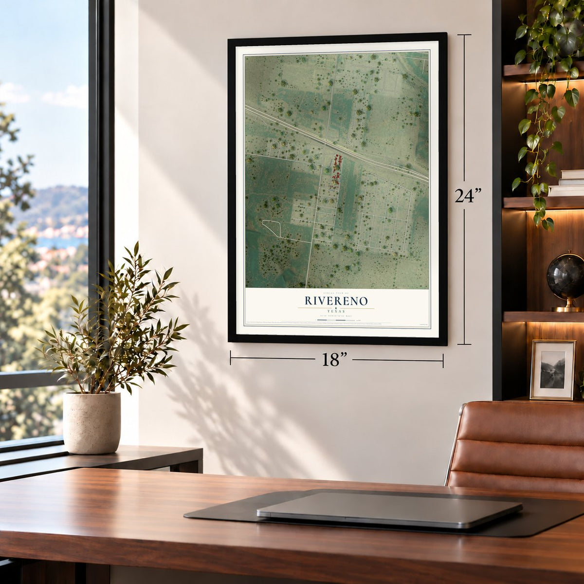 Rivereno, Texas map, 18 x 24 inch print in a black frame in a home office