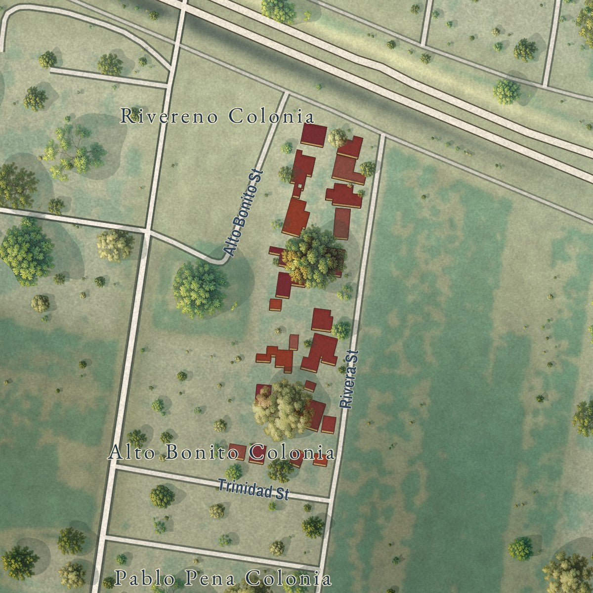 Close-up of the map of Rivereno, Texas print showing street and building detail