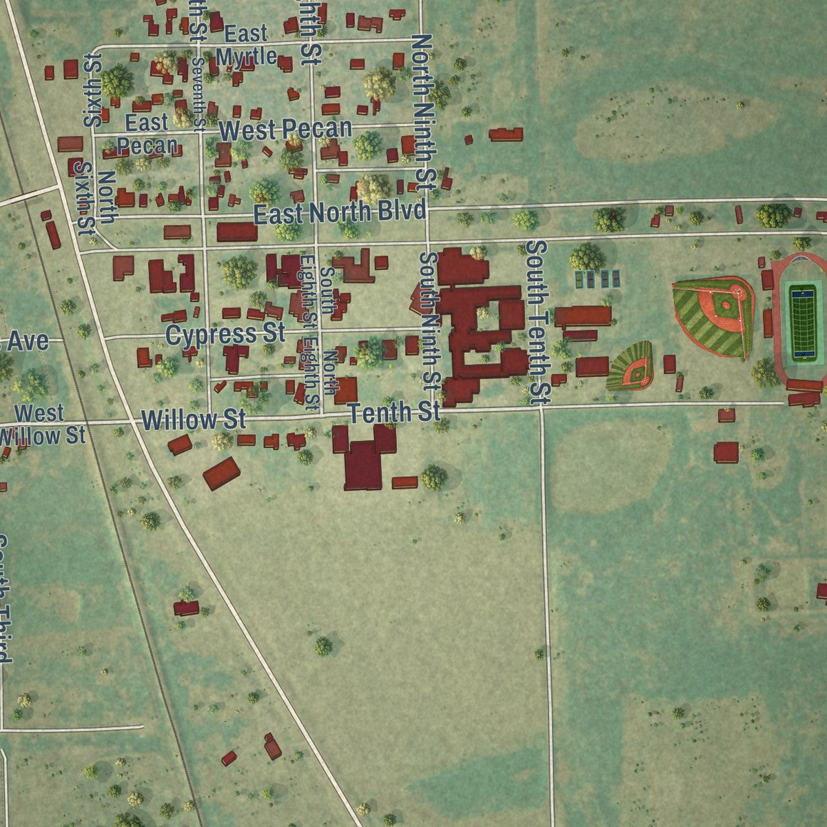 Close-up of the map of Riviera, Texas print showing street and building detail