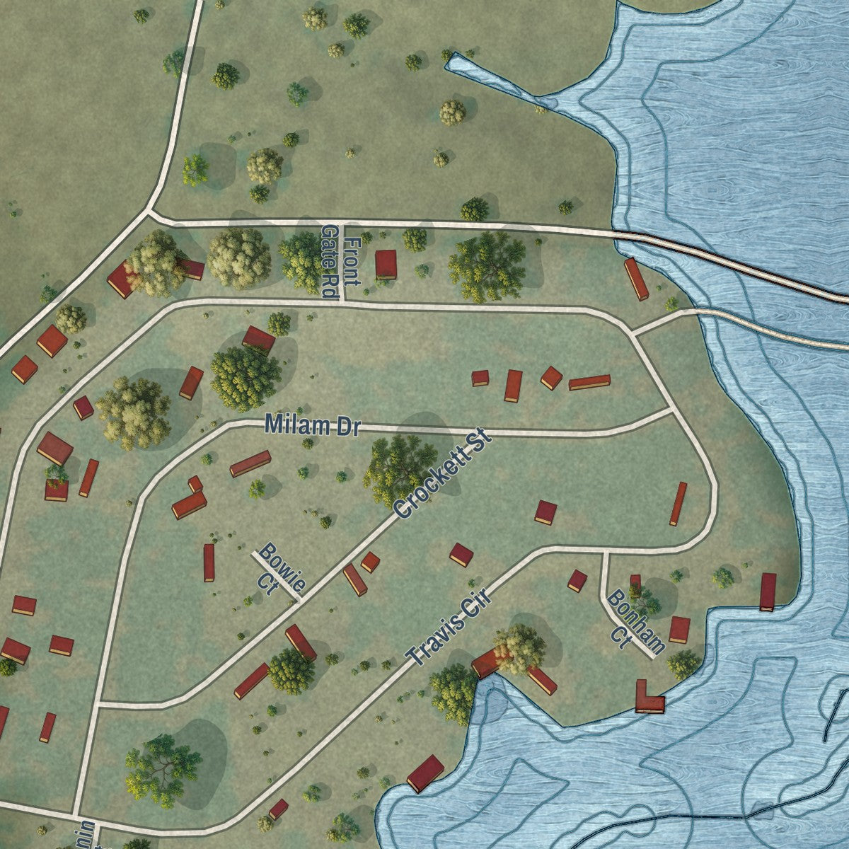 Second close-up of the map of Road Runner, Texas print showing more streets and buildings