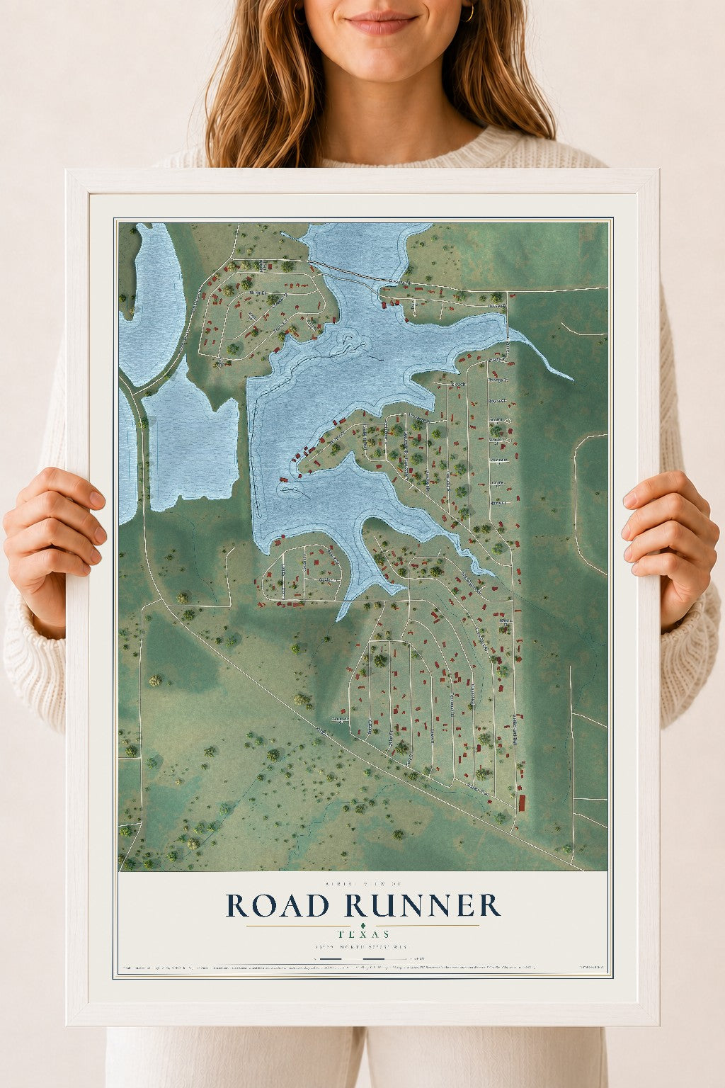 Map of Road Runner, Texas, 18 x 24 inch print in a white wood frame