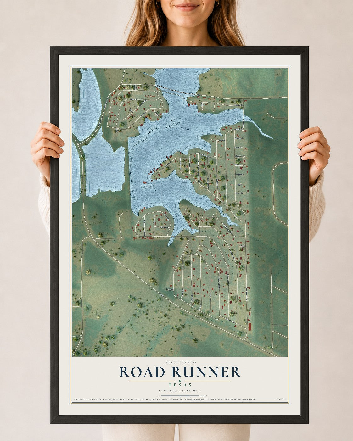 Map of Road Runner, Texas, 24 x 36 inch print in a black wood frame