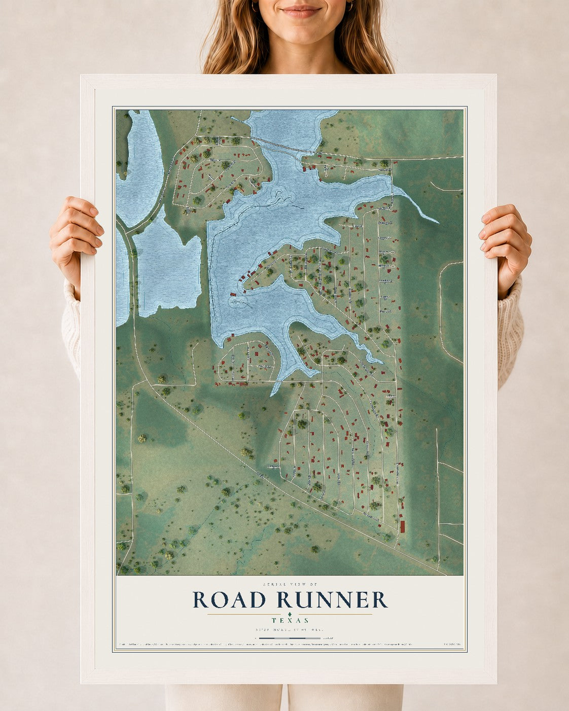 Map of Road Runner, Texas, 24 x 36 inch print in a white wood frame