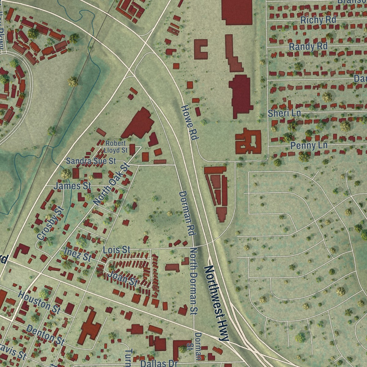 Close-up of the map of Roanoke, Texas print showing street and building detail