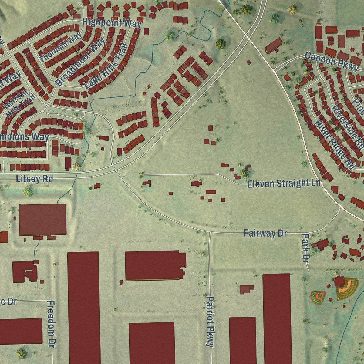 Second close-up of the map of Roanoke, Texas print showing more streets and buildings
