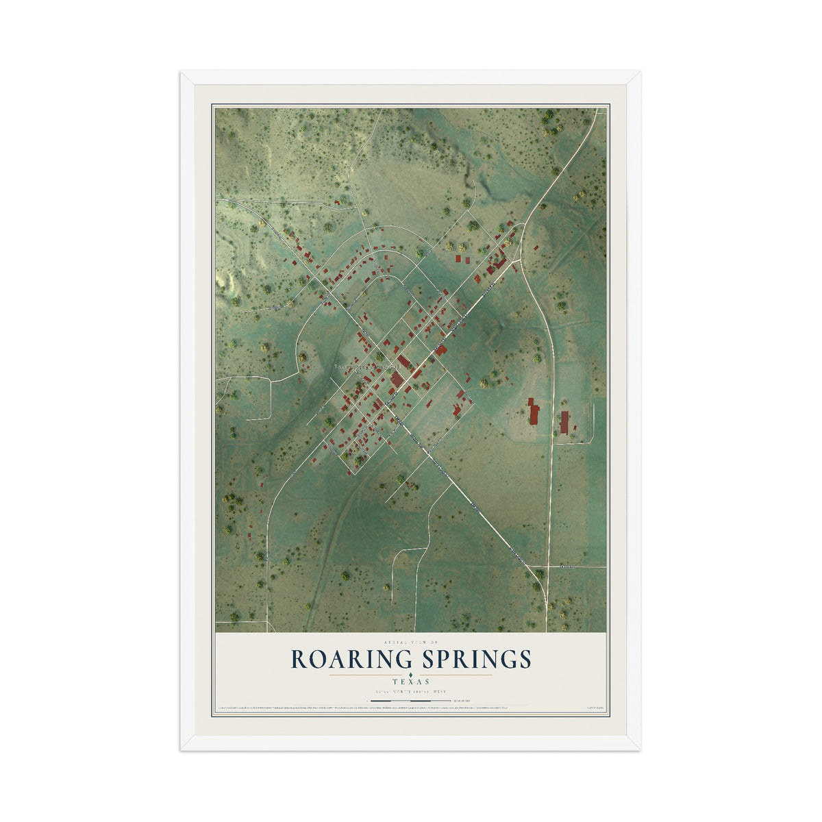 Map of Roaring Springs, Texas, 12 x 18 inch print in a white wood frame