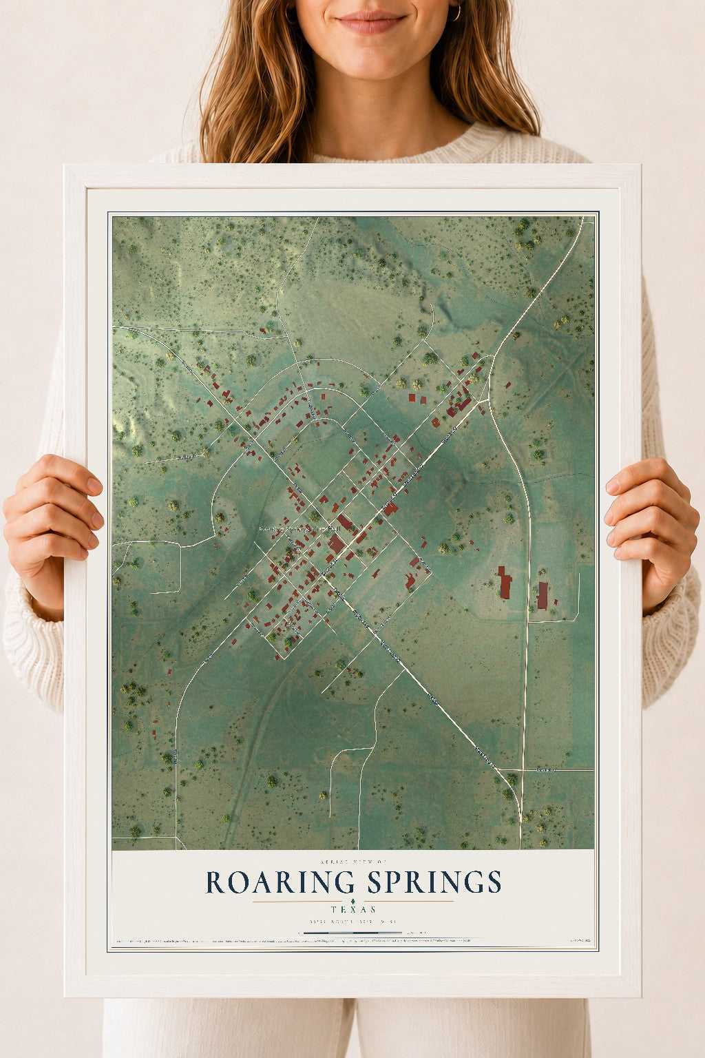 Map of Roaring Springs, Texas, 18 x 24 inch print in a white wood frame
