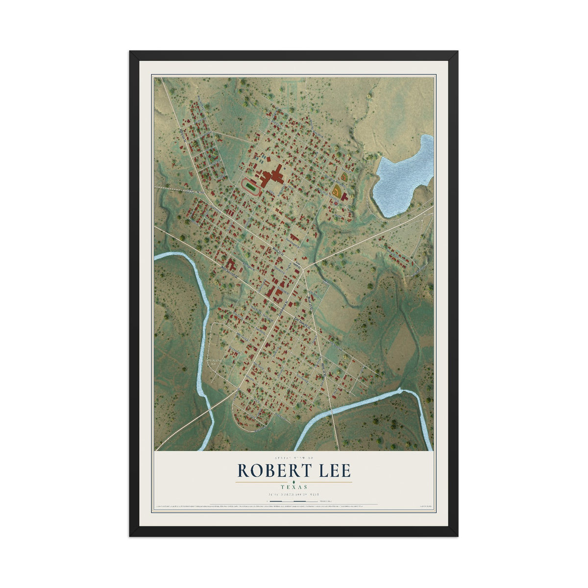 Map of Robert Lee, Texas, 12 x 18 inch print in a black wood frame