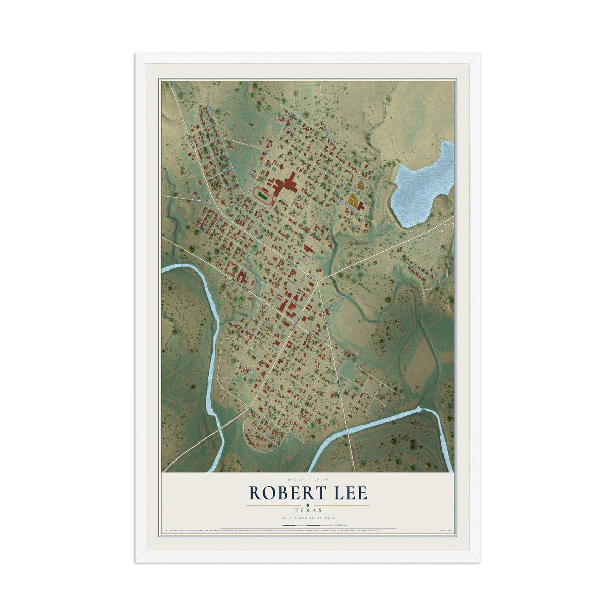 Map of Robert Lee, Texas, 12 x 18 inch print in a white wood frame