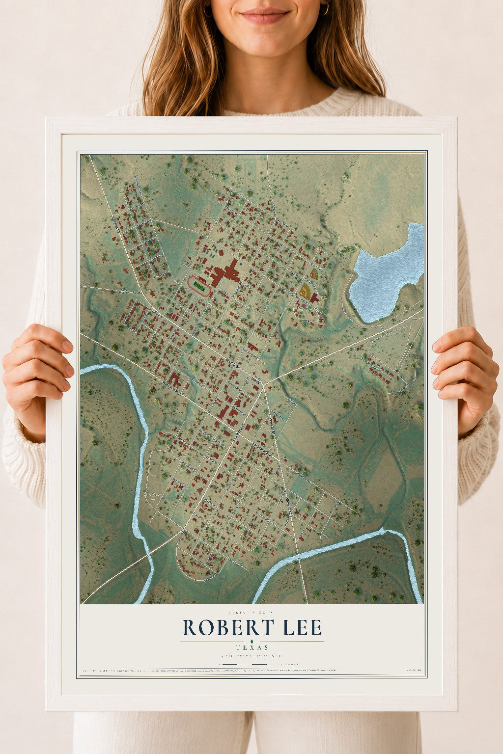 Map of Robert Lee, Texas, 18 x 24 inch print in a white wood frame