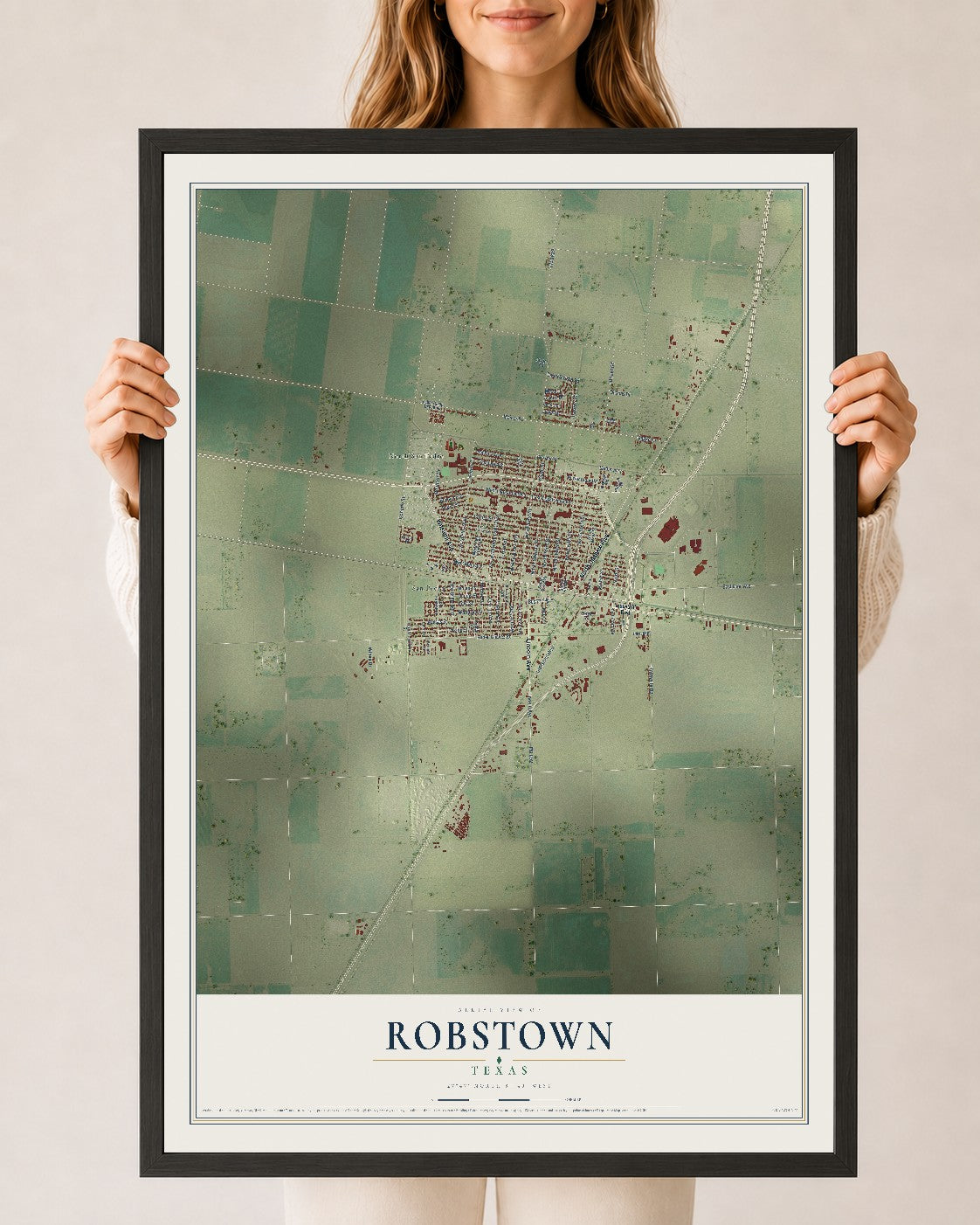 Map of Robstown, Texas, 24 x 36 inch print in a black wood frame