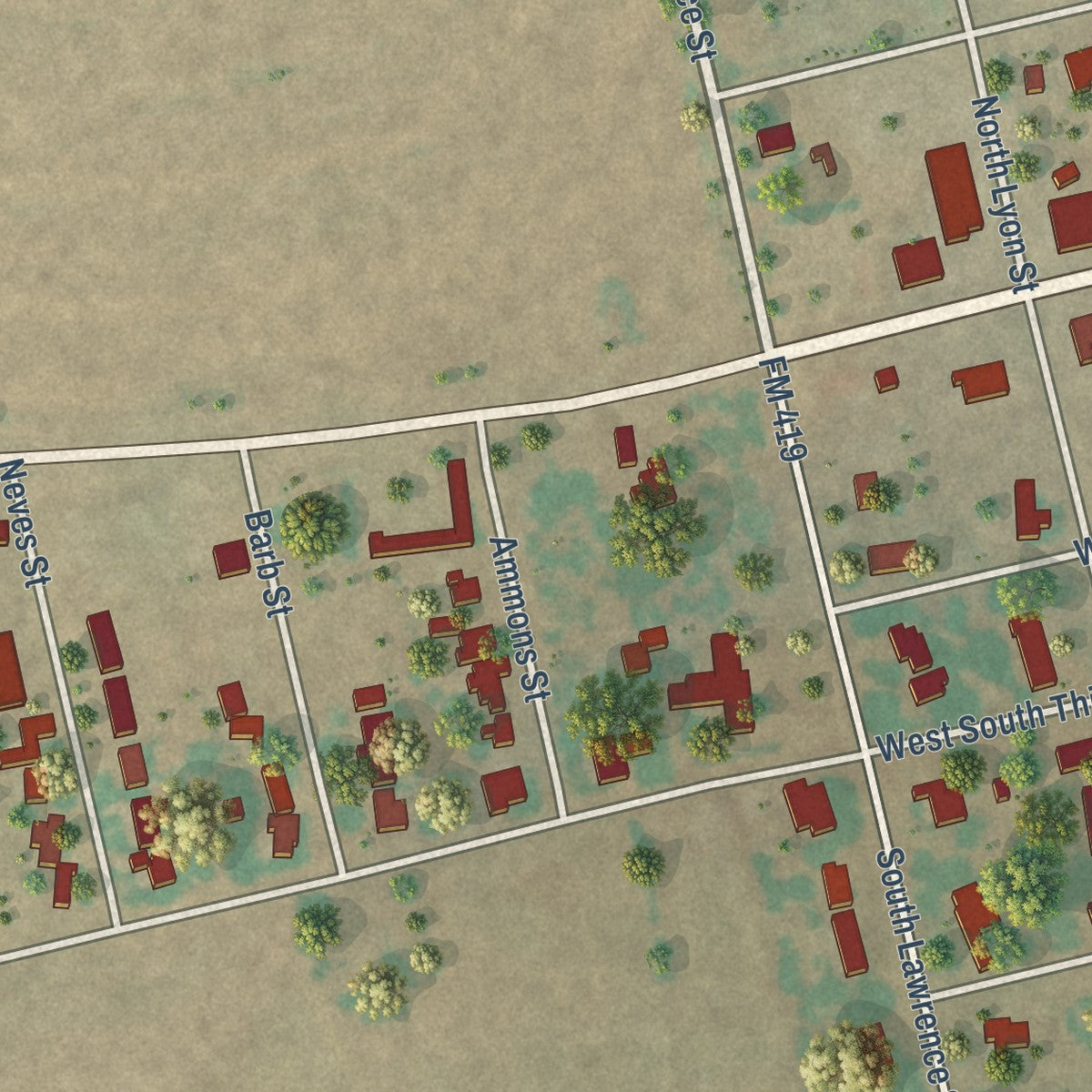 Second close-up of the map of Roby, Texas print showing more streets and buildings