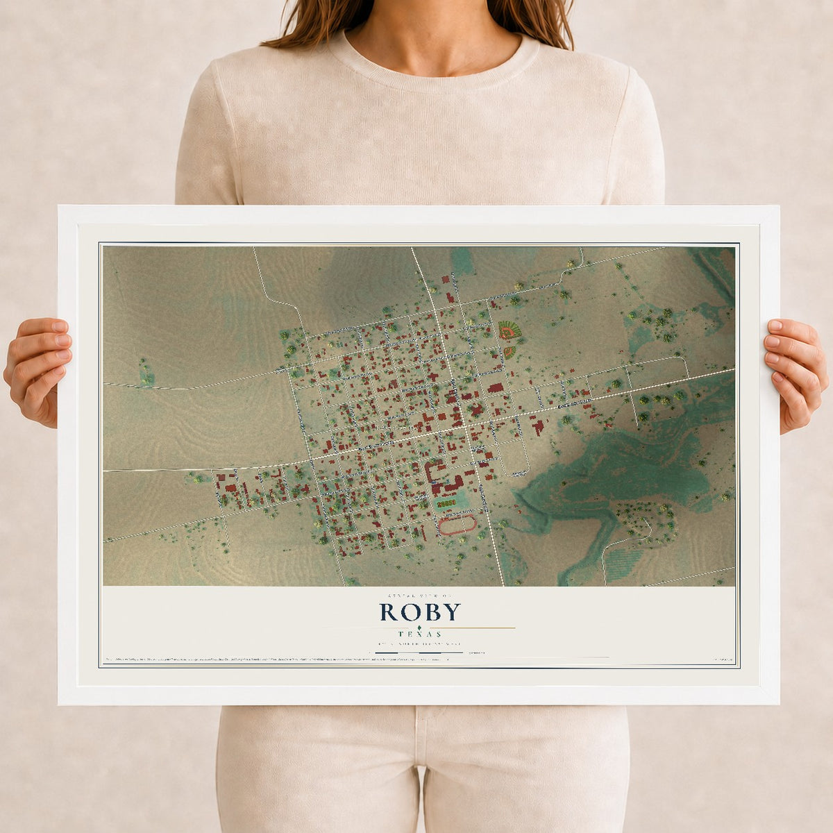 Map of Roby, Texas, 12 x 18 inch print in a white wood frame