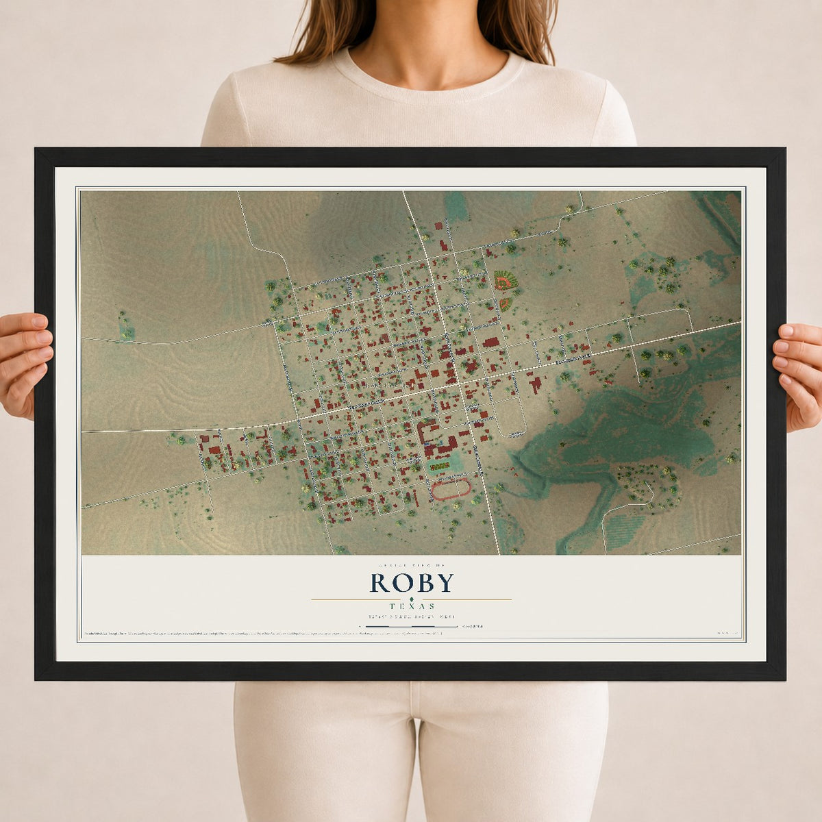 Map of Roby, Texas, 18 x 24 inch print in a black wood frame
