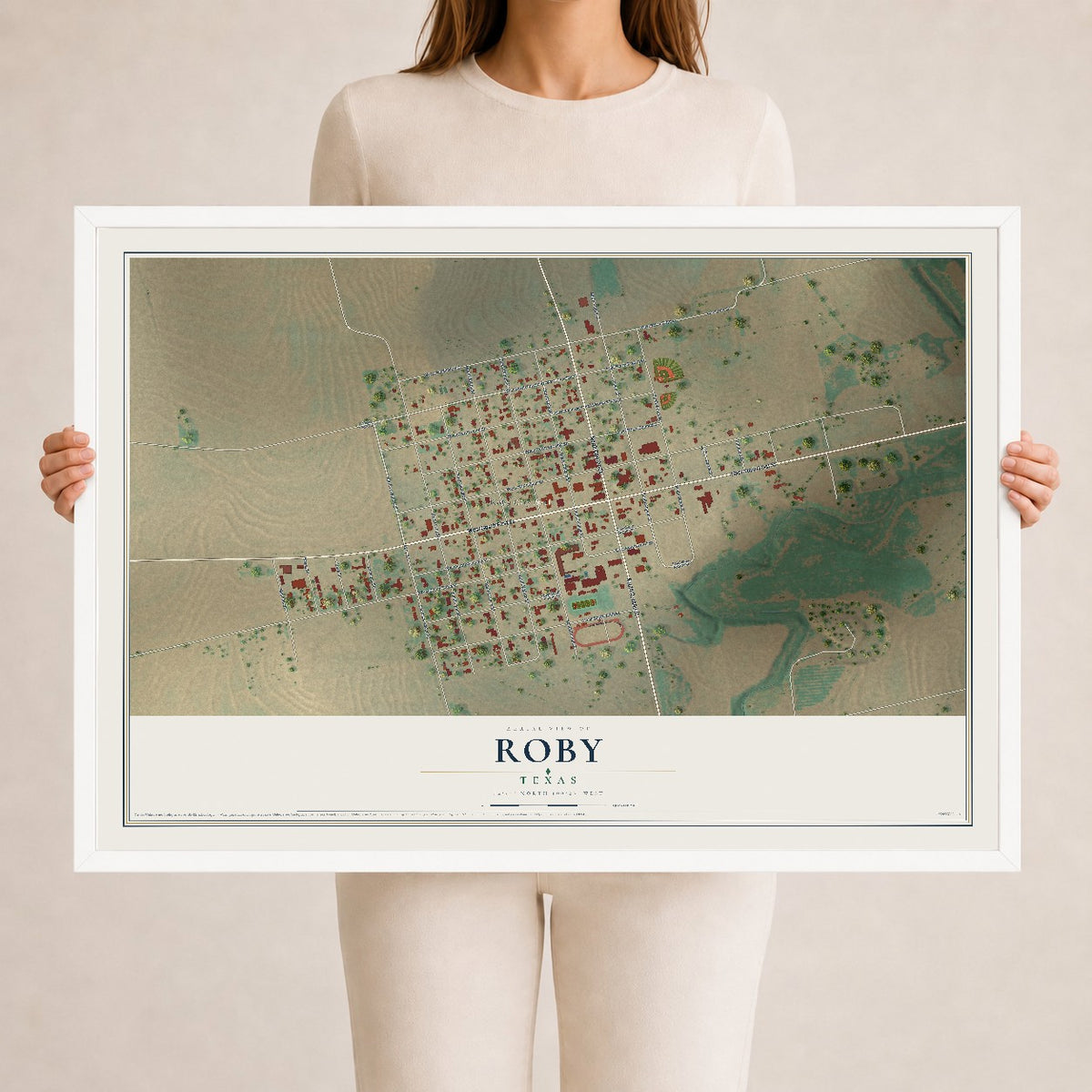 Map of Roby, Texas, 24 x 36 inch print in a white wood frame