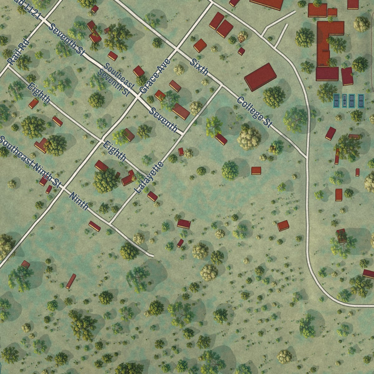 Close-up of the map of Rochelle, Texas print showing street and building detail