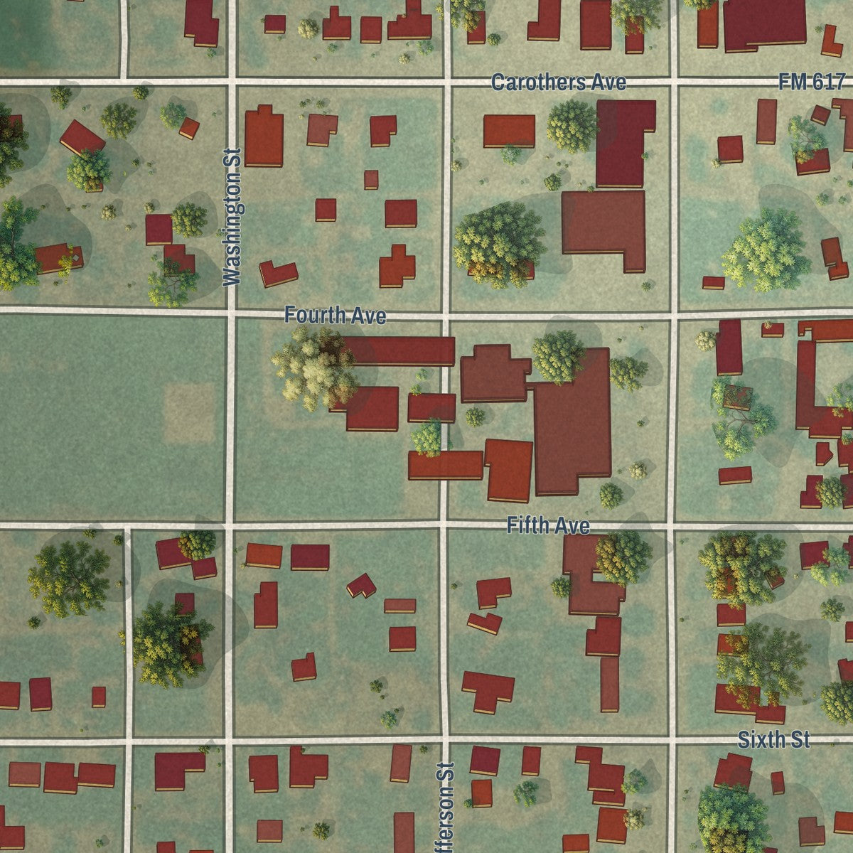 Close-up of the map of Rochester, Texas print showing street and building detail