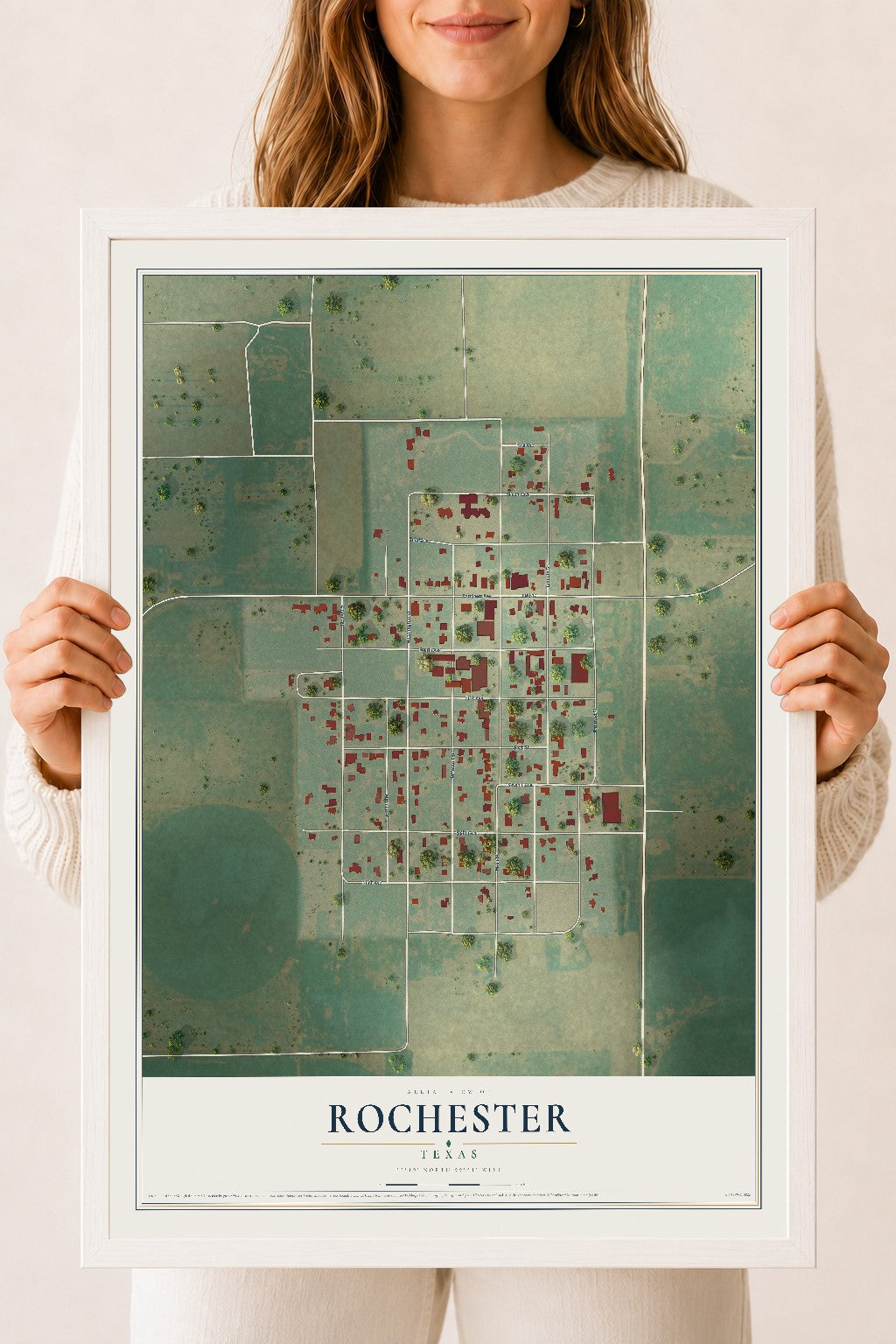 Map of Rochester, Texas, 18 x 24 inch print in a white wood frame