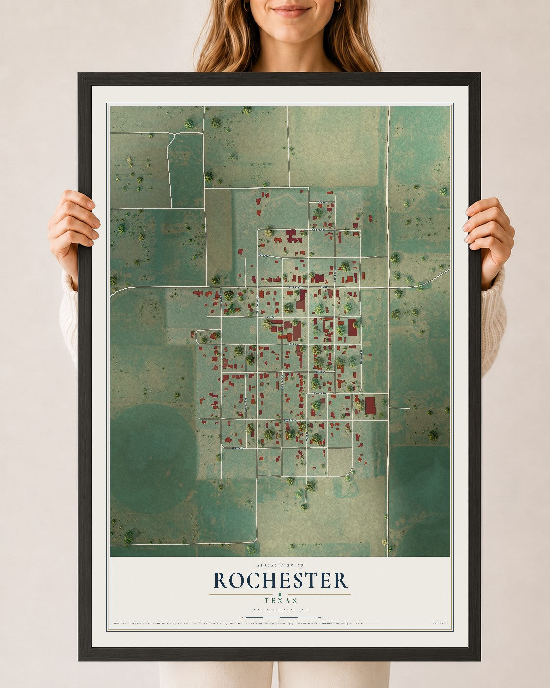 Map of Rochester, Texas, 24 x 36 inch print in a black wood frame