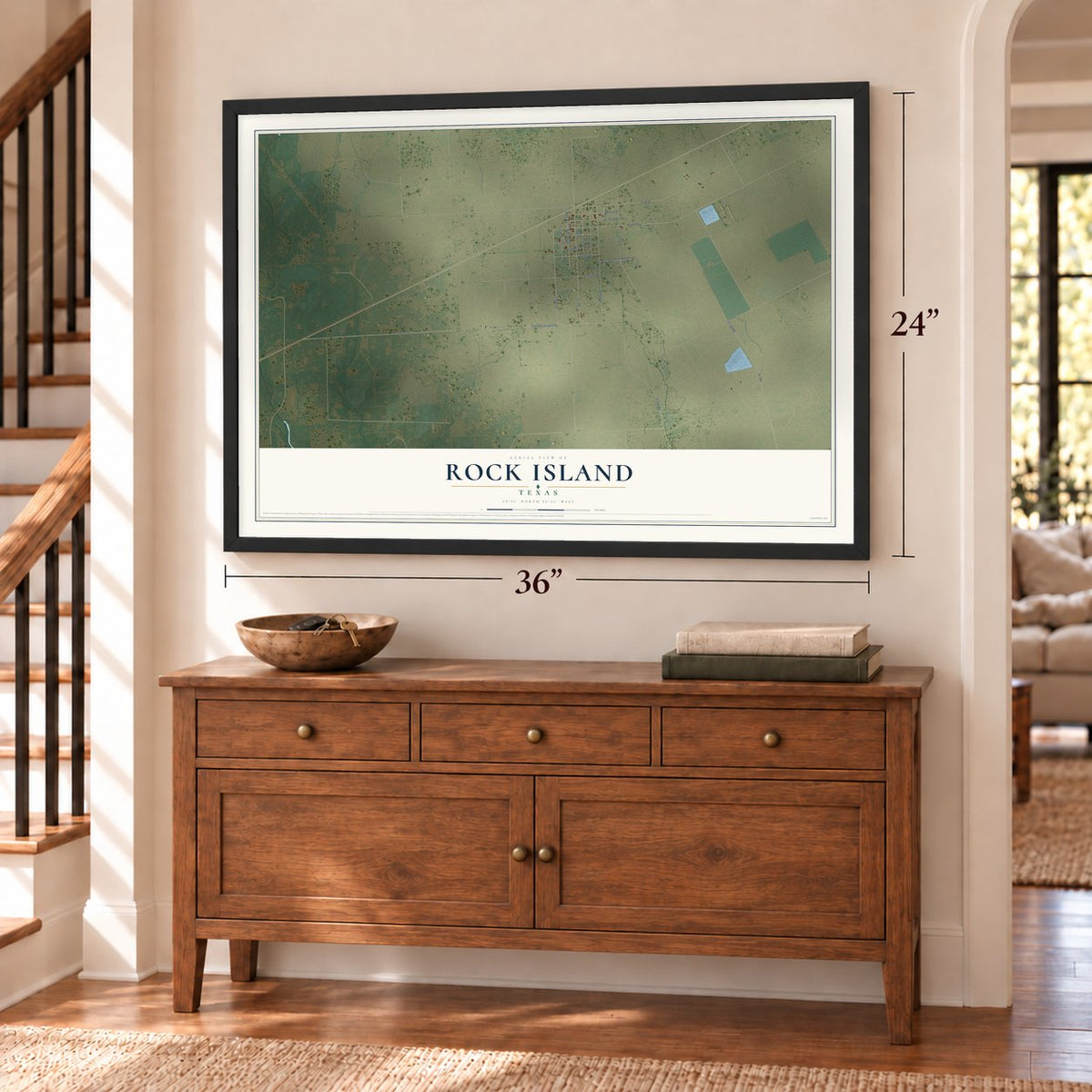 Rock Island, Texas map, 24 x 36 inch print in a black frame above a dresser by a staircase