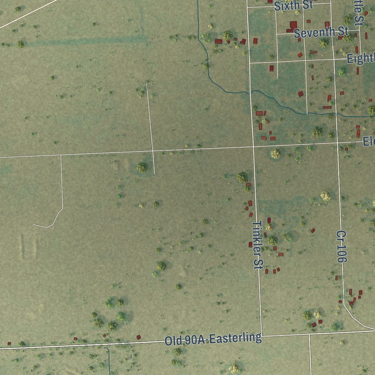 Close-up of the map of Rock Island, Texas print showing street and building detail