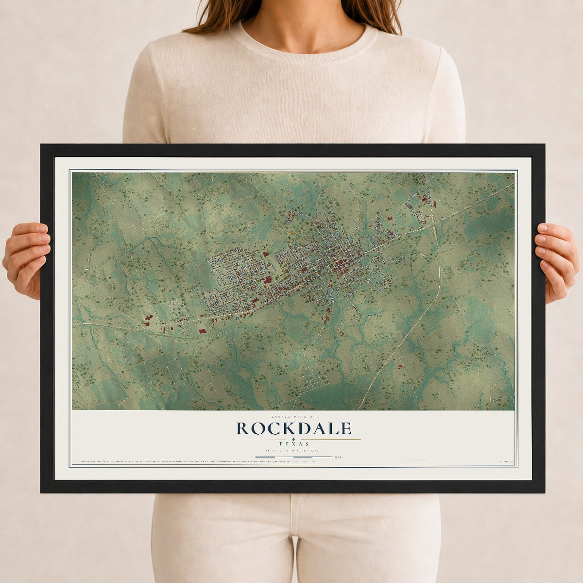 Map of Rockdale, Texas, 12 x 18 inch print in a black wood frame