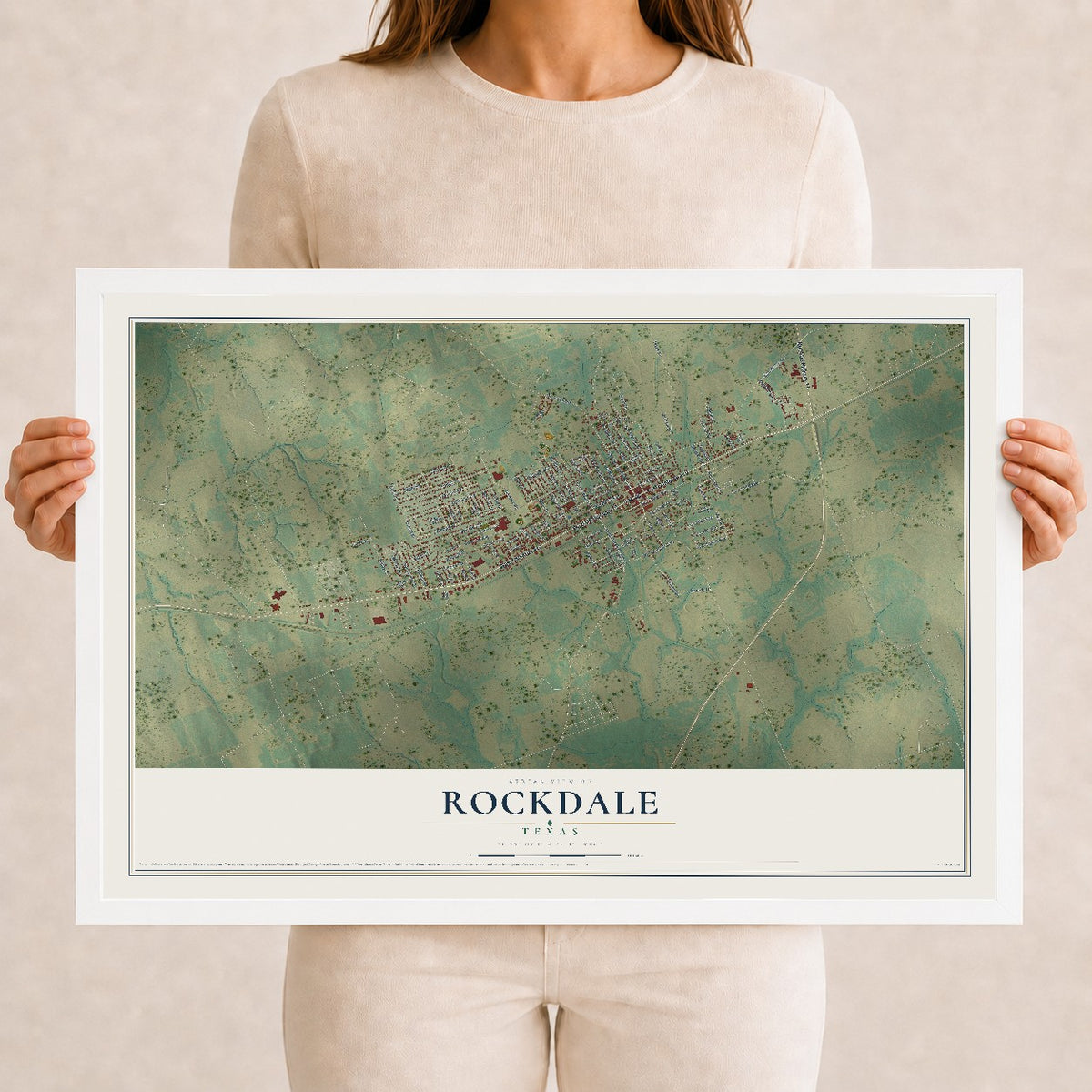 Map of Rockdale, Texas, 12 x 18 inch print in a white wood frame
