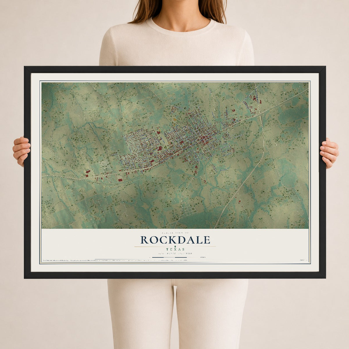 Map of Rockdale, Texas, 24 x 36 inch print in a black wood frame
