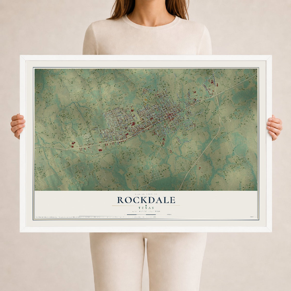 Map of Rockdale, Texas, 24 x 36 inch print in a white wood frame