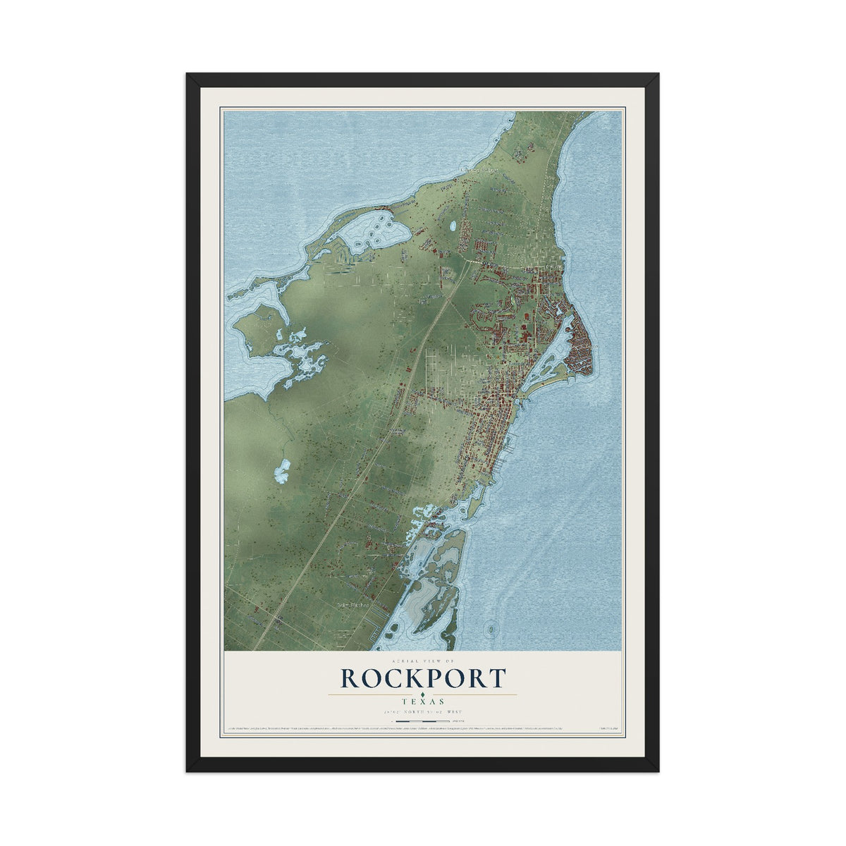 Map of Rockport, Texas, 12 x 18 inch print in a black wood frame