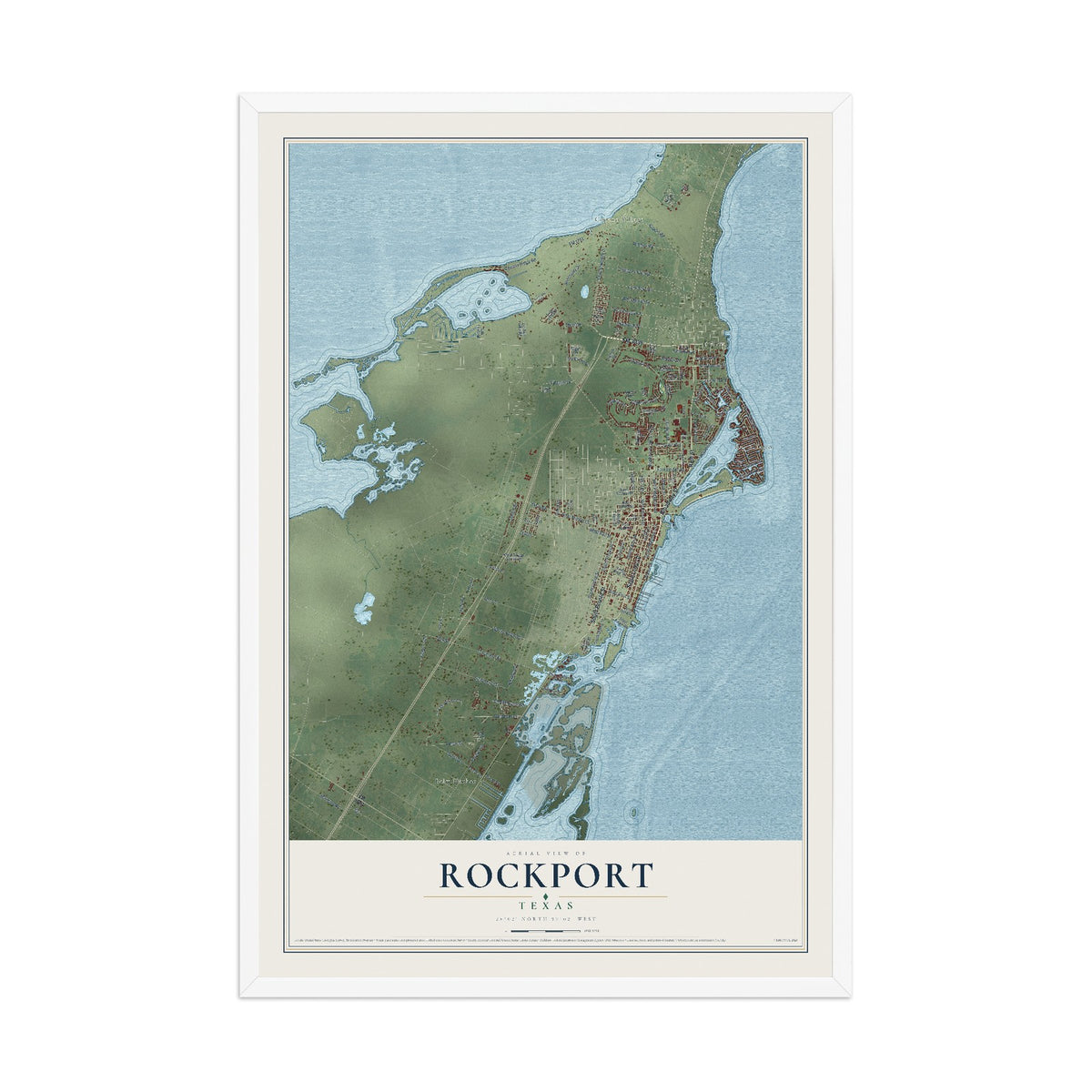 Map of Rockport, Texas, 12 x 18 inch print in a white wood frame